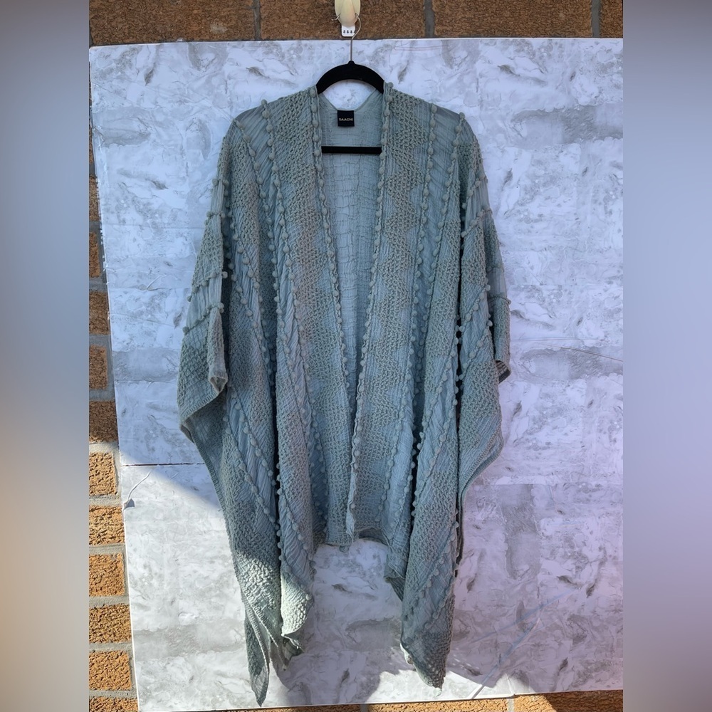Saachi Sage Green Whimsigoth Poncho | Ethereal Mesh Pom-Pom Kimono Wrap